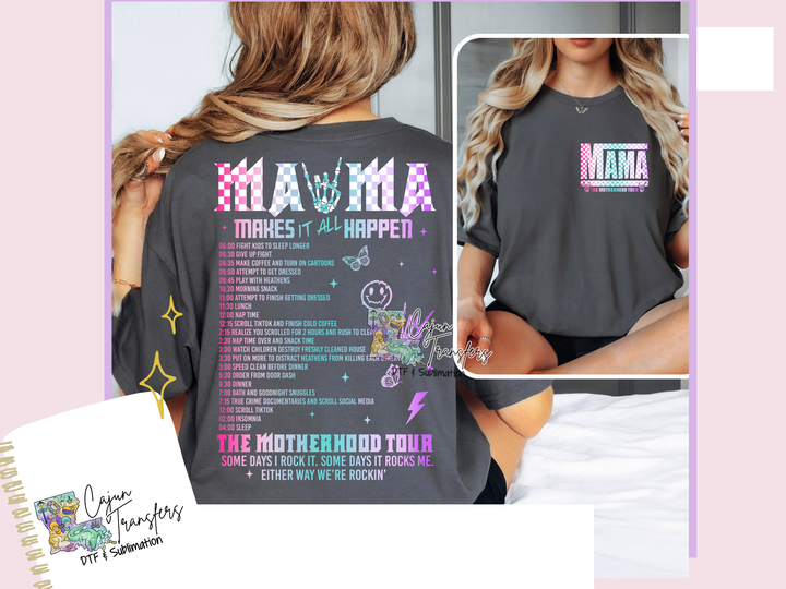 a woman wearing a mamma t - shirt with the words mamma on it