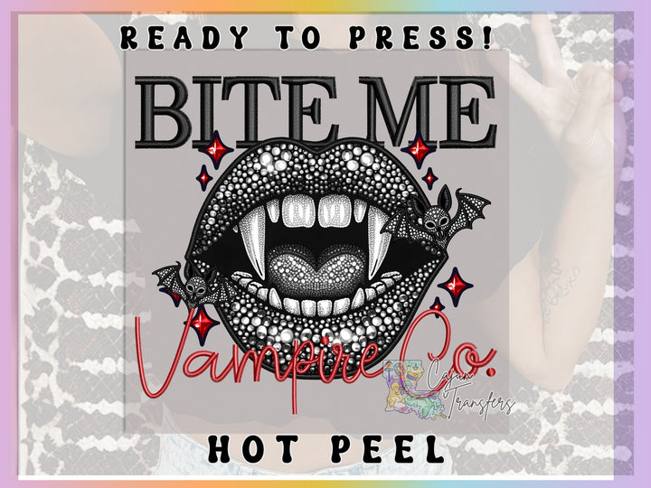 a picture of a woman's mouth with the words, bite me vampire co