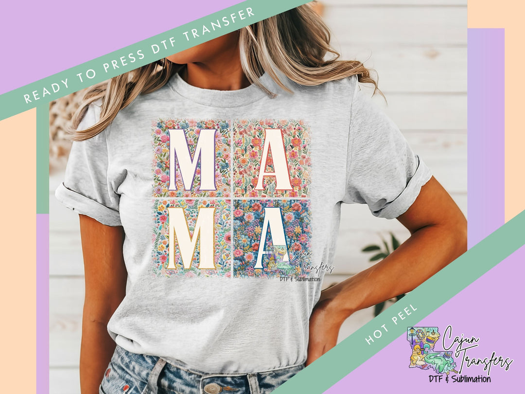a woman wearing a t - shirt with the words mama printed on it