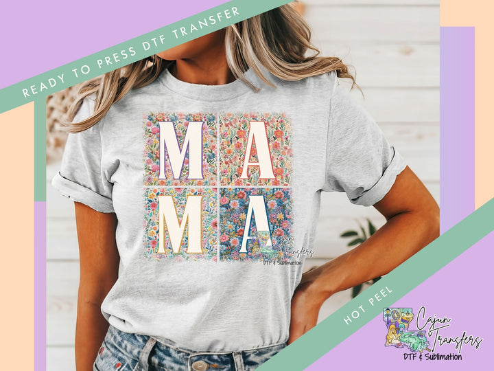 a woman wearing a t - shirt with the words mama printed on it