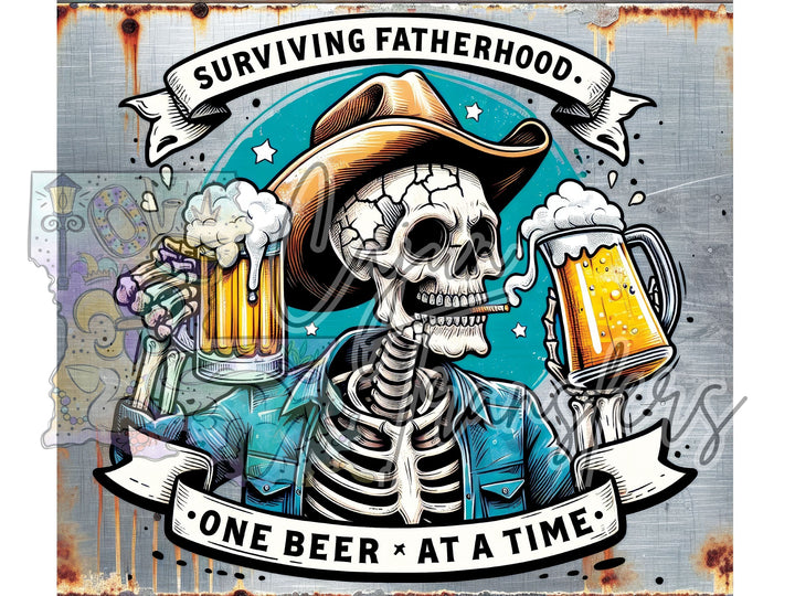 a skeleton wearing a cowboy hat and holding two mugs of beer
