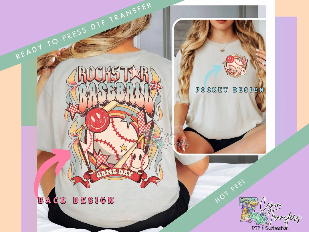 a woman wearing a t - shirt with a baseball design on it