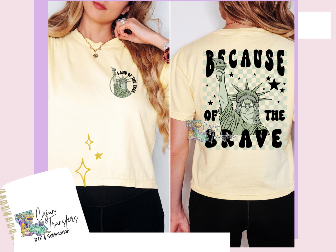 a woman wearing a t - shirt that says because of the brave