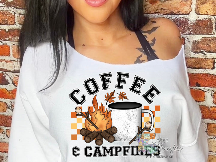 a woman wearing a coffee and campfire shirt