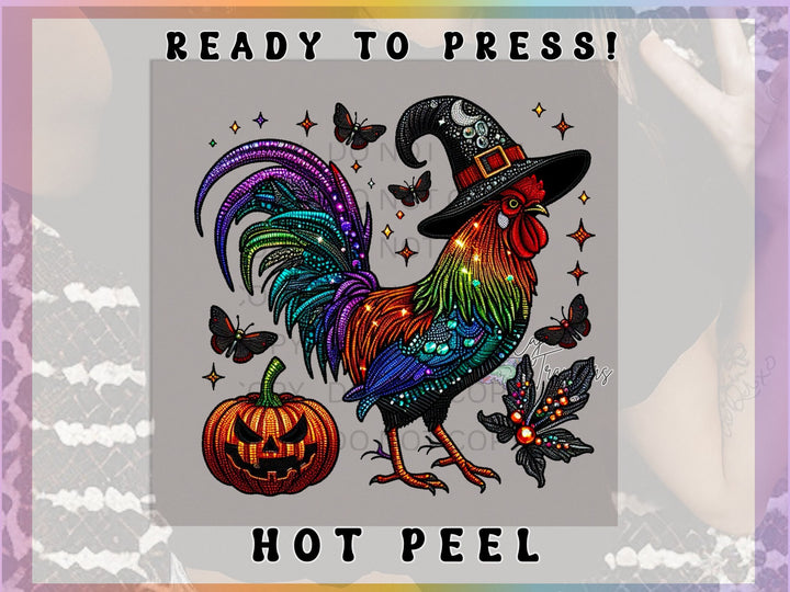 a picture of a rooster wearing a witches hat