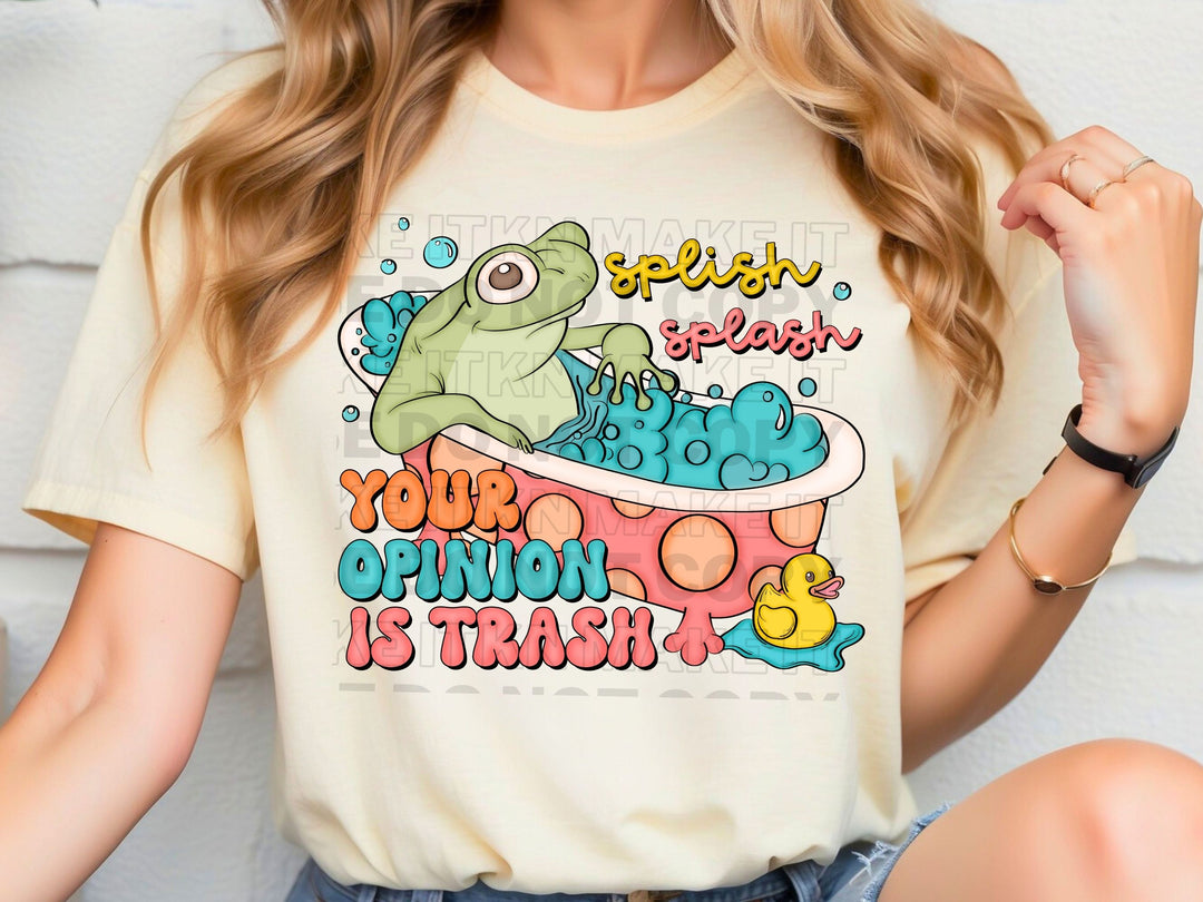 a woman wearing a t - shirt that says your opinion is trash