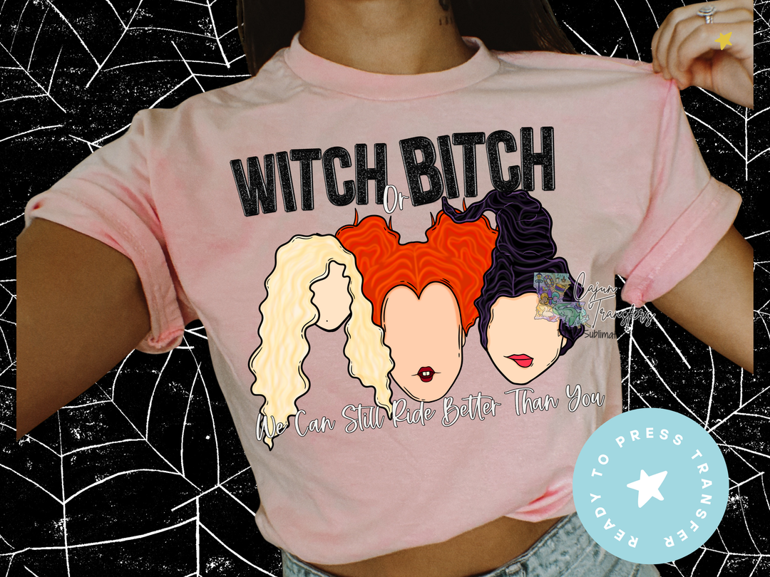 a woman wearing a pink shirt that says witch bitch