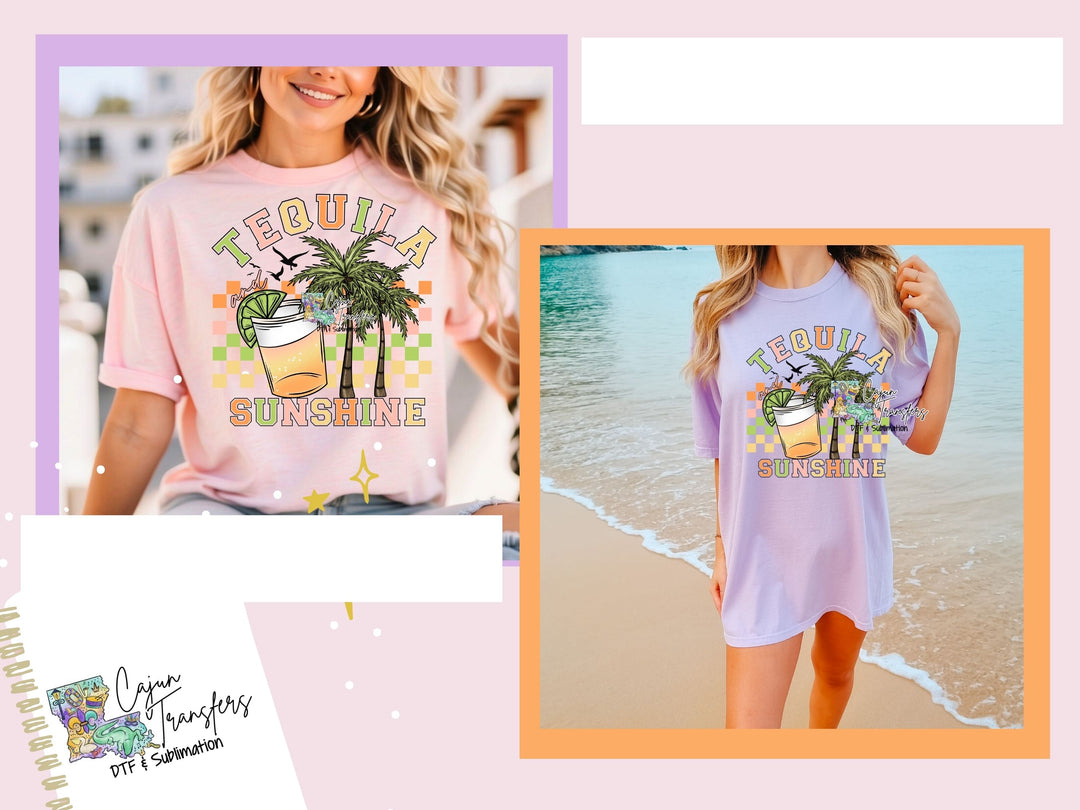 a woman wearing a pink shirt with a palm tree on it