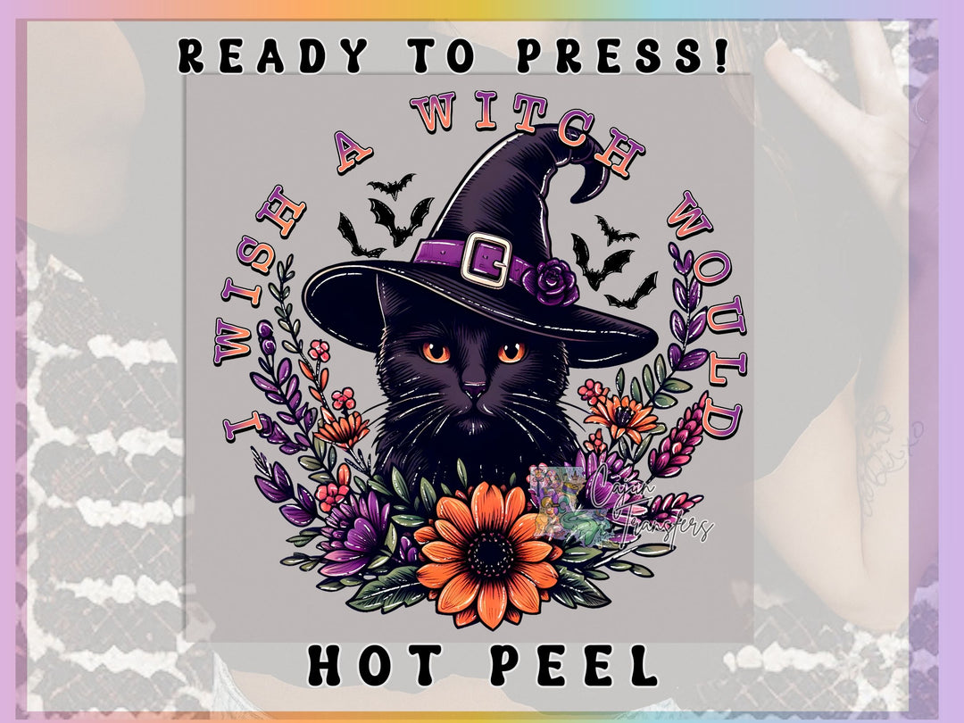 a black cat wearing a witches hat with flowers