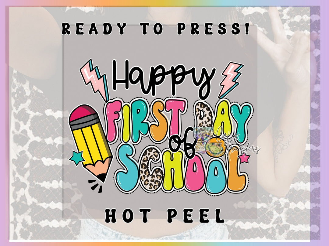 a picture of a girl with a happy first day school sign