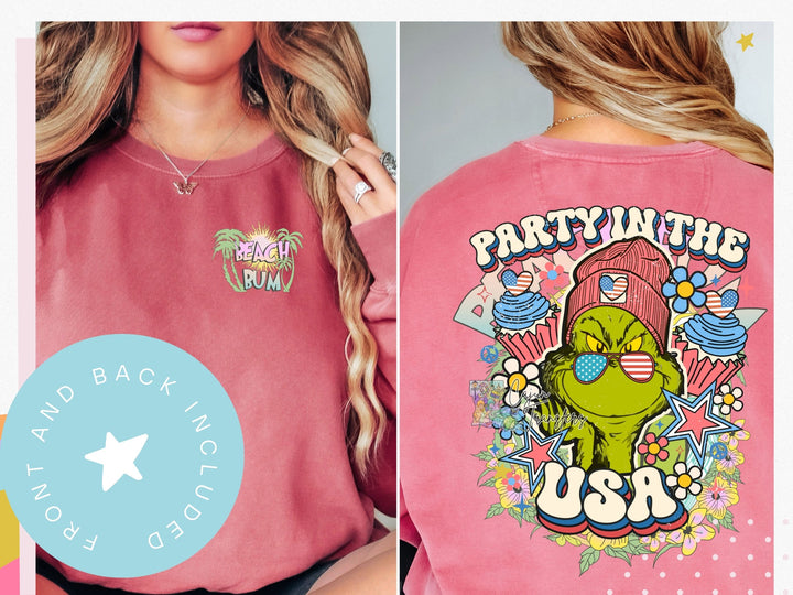 a woman wearing a pink shirt with the words party in the usa on it