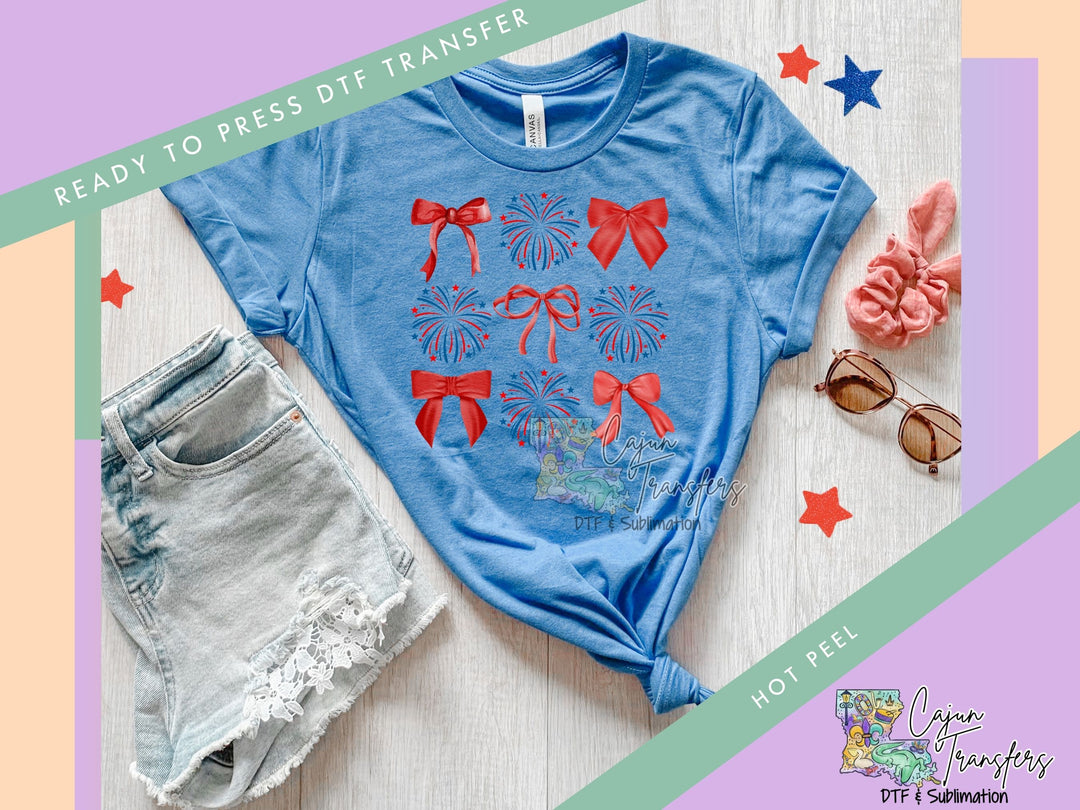 a blue shirt with red bows and a pair of shorts