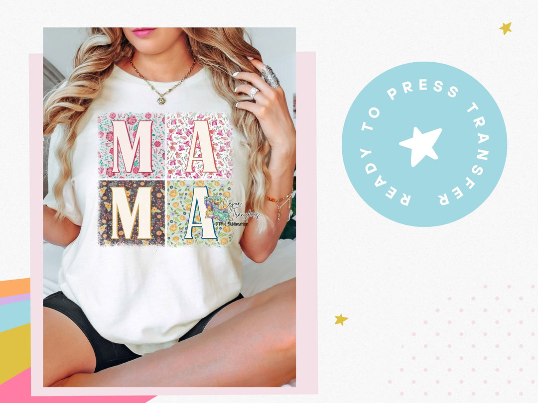 a woman wearing a t - shirt with the word ma ma on it