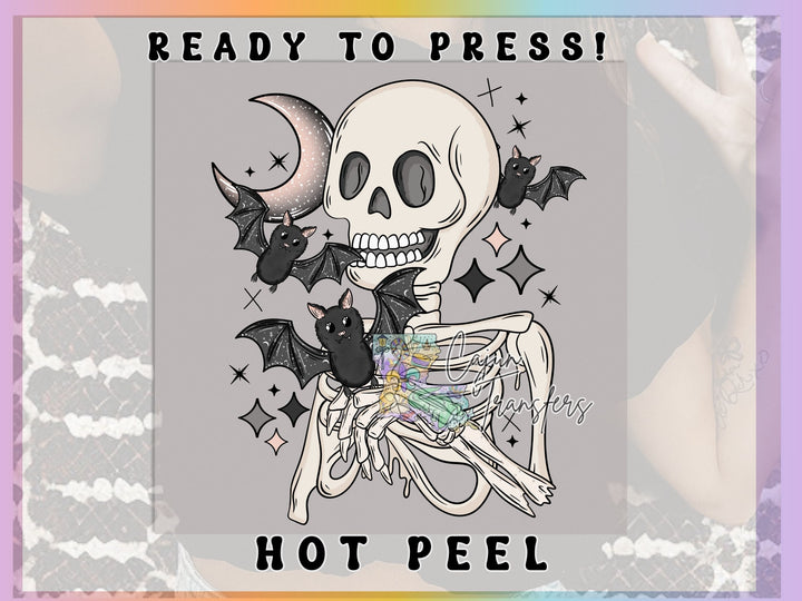 a picture of a skeleton with bats on it