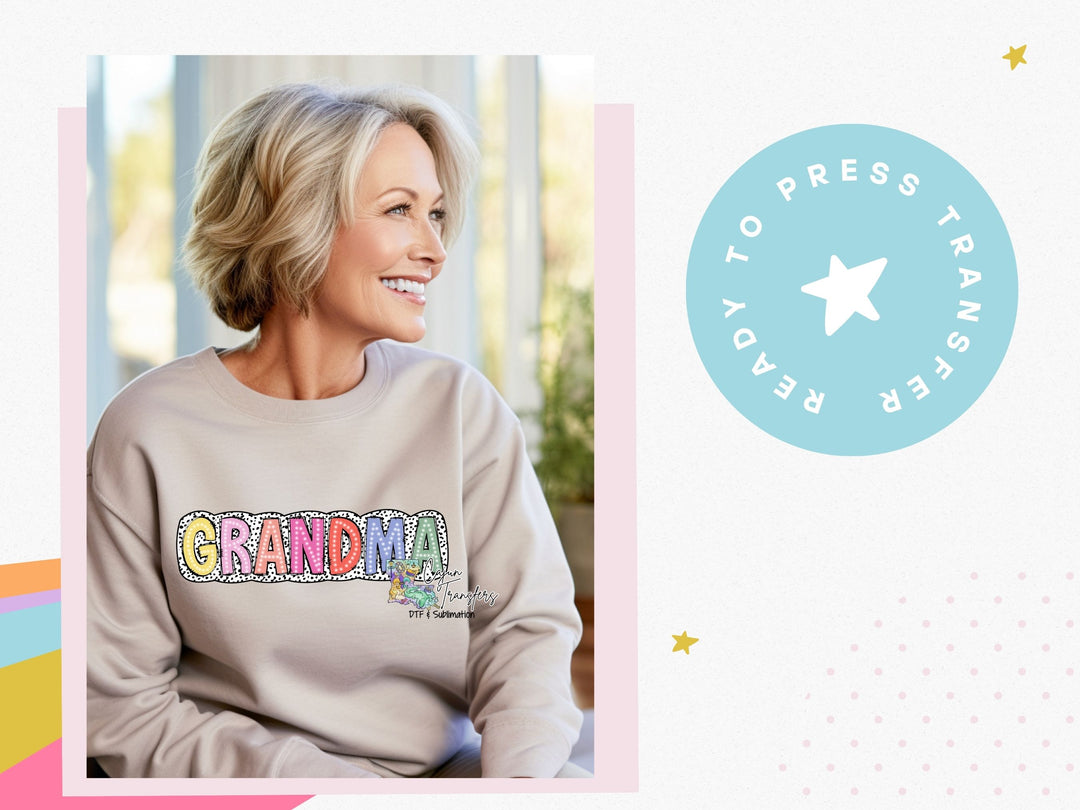 a picture of a woman wearing a grandma sweatshirt