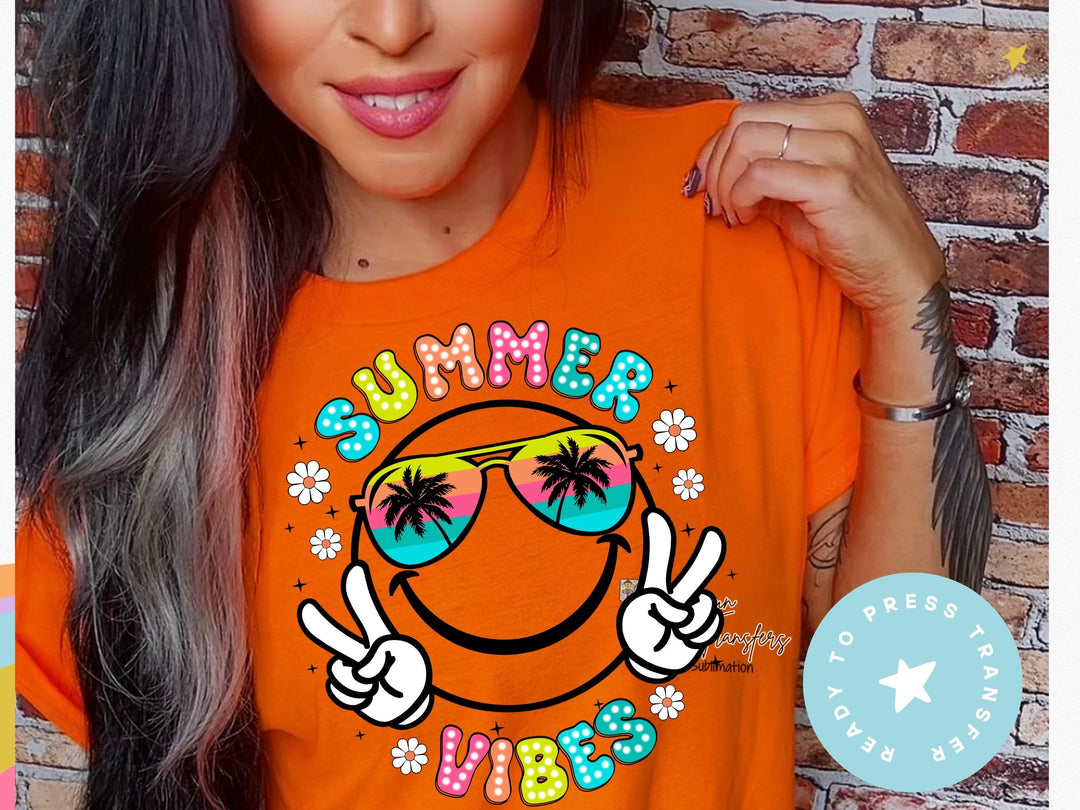 a woman wearing an orange shirt with a smiley face