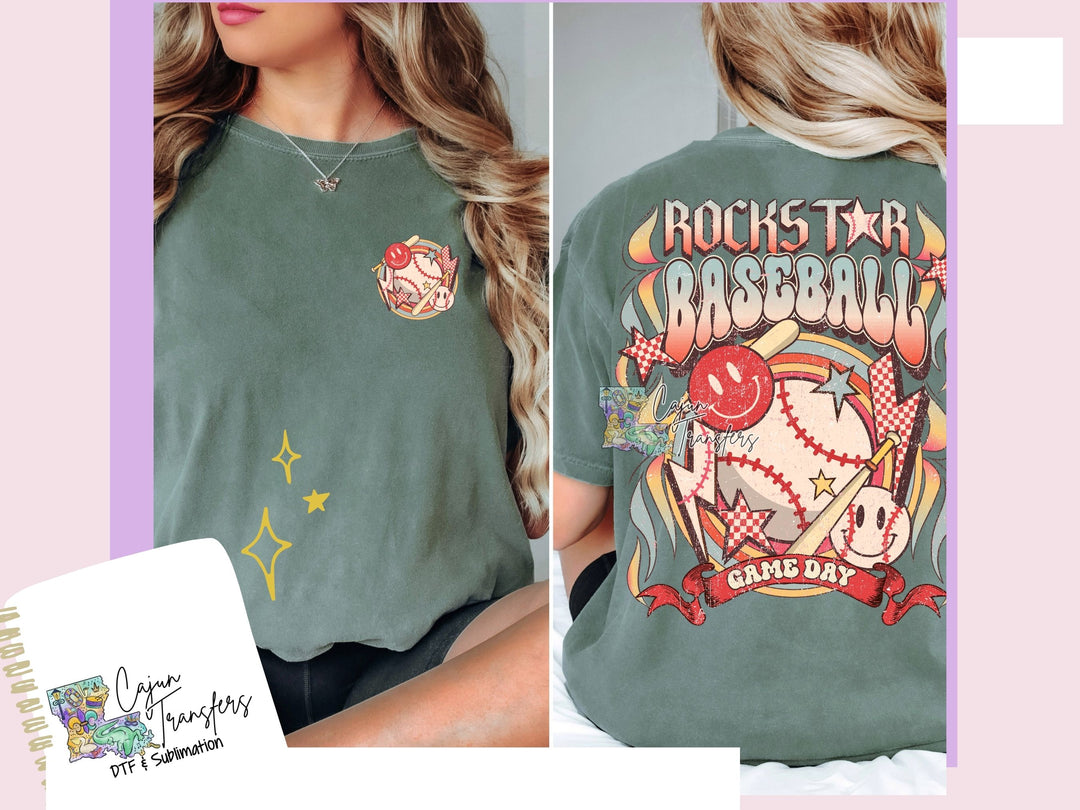 a woman wearing a green shirt with a baseball design on it