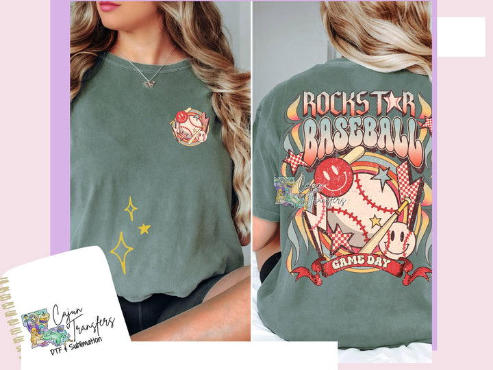 a woman wearing a green shirt with a baseball design on it