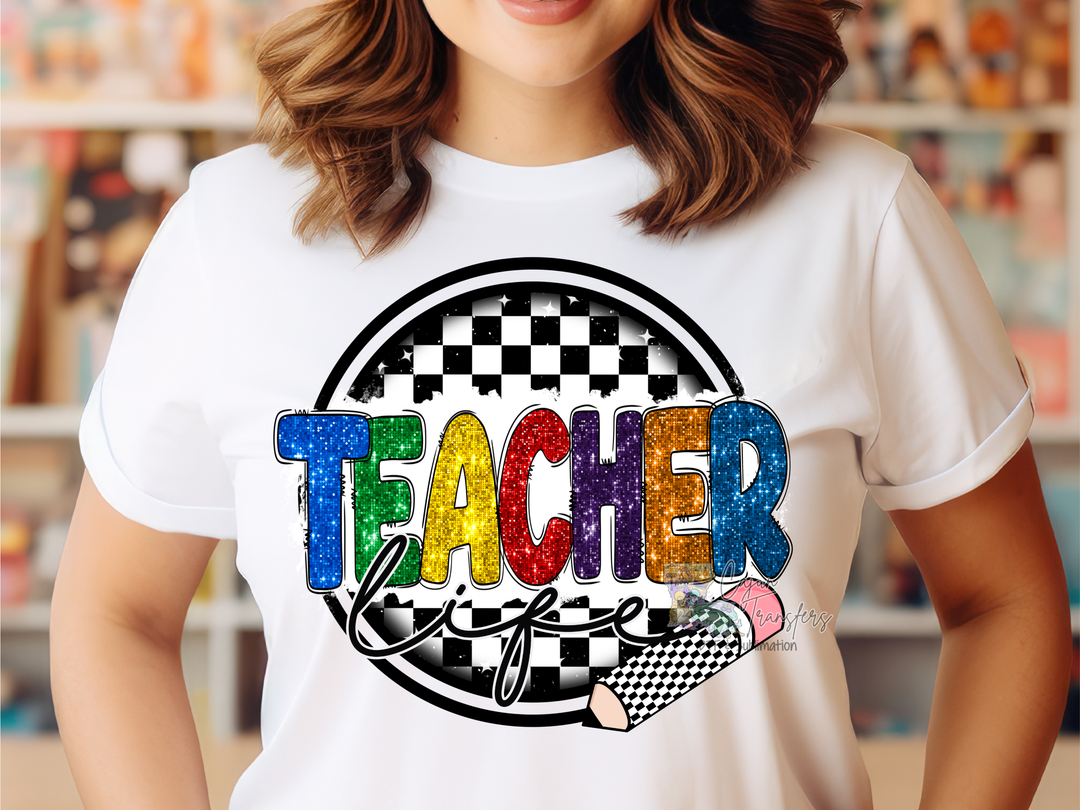 a woman wearing a teacher tshirt in a store