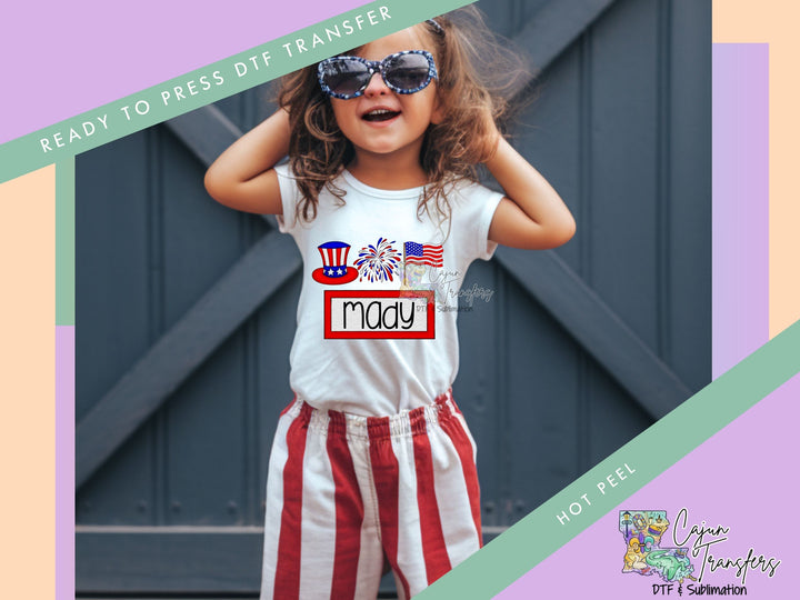 a little girl wearing patriotic clothing and sunglasses