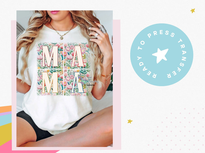 a woman wearing a t - shirt with the word ma ma on it