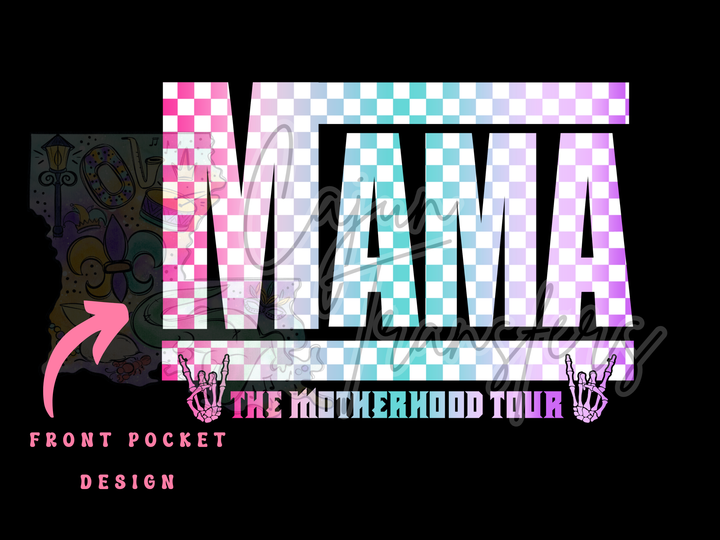 a black background with a pink and blue checkered design