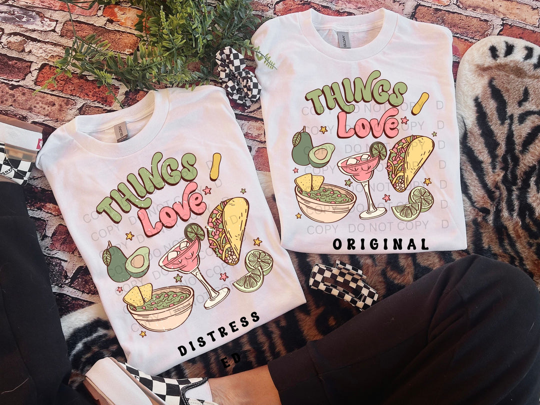 two t - shirts that say things love and tacos