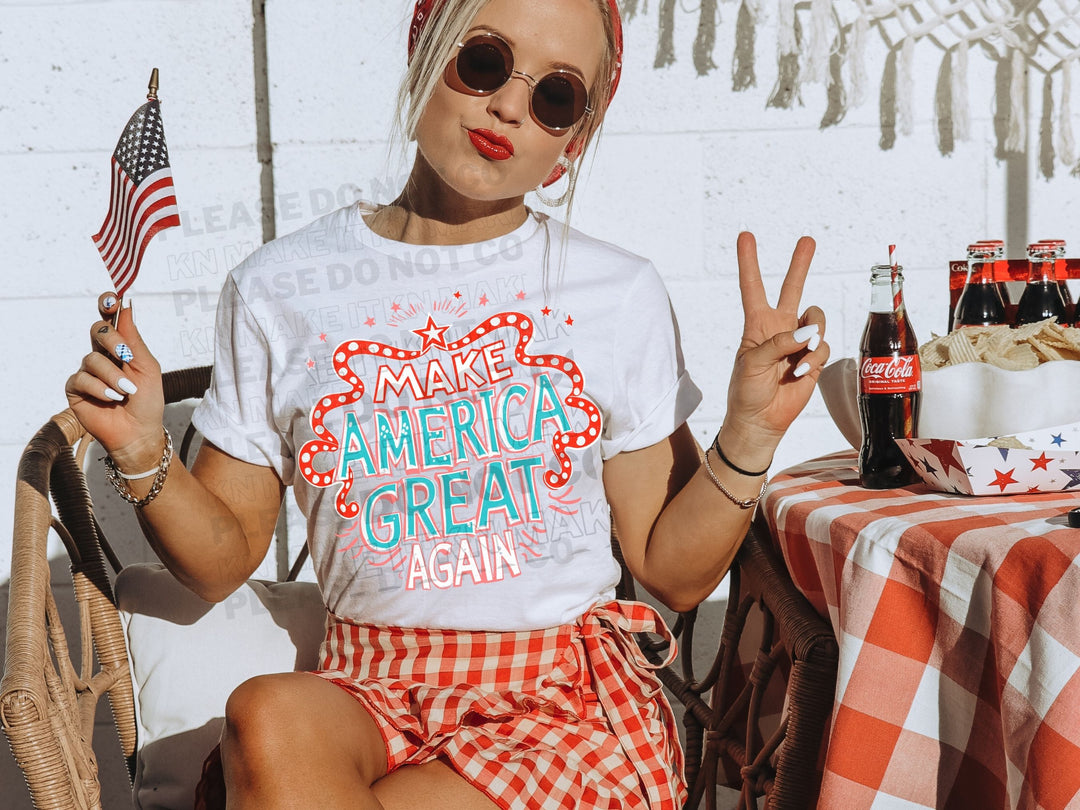 a woman sitting on a chair holding a flag