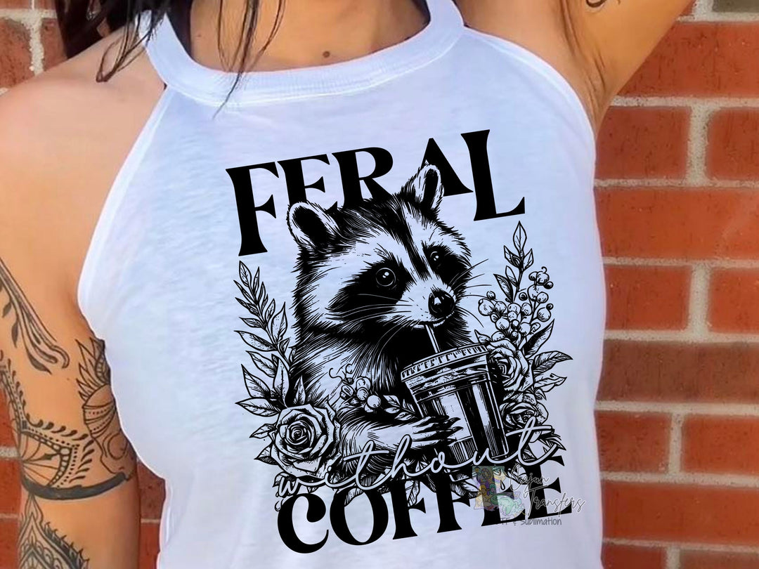 a woman wearing a white tank top with a raccoon on it