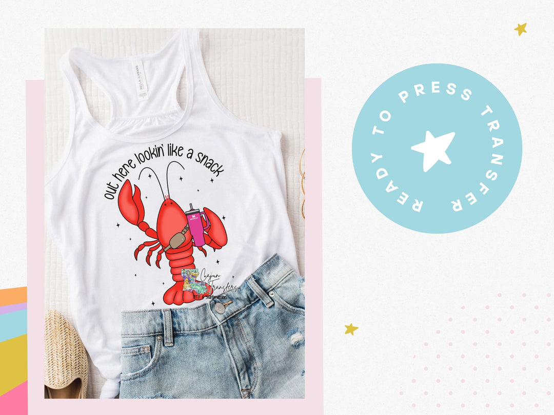 a white shirt with a red lobster on it
