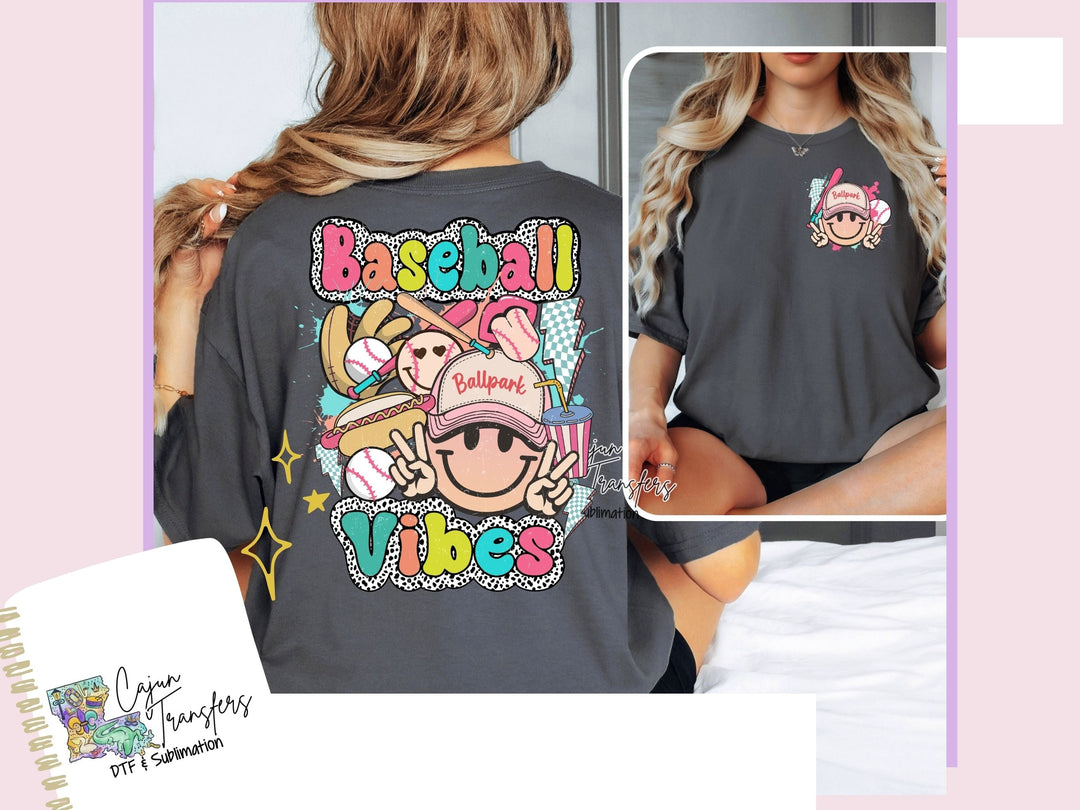 a woman wearing a baseball vibes t - shirt