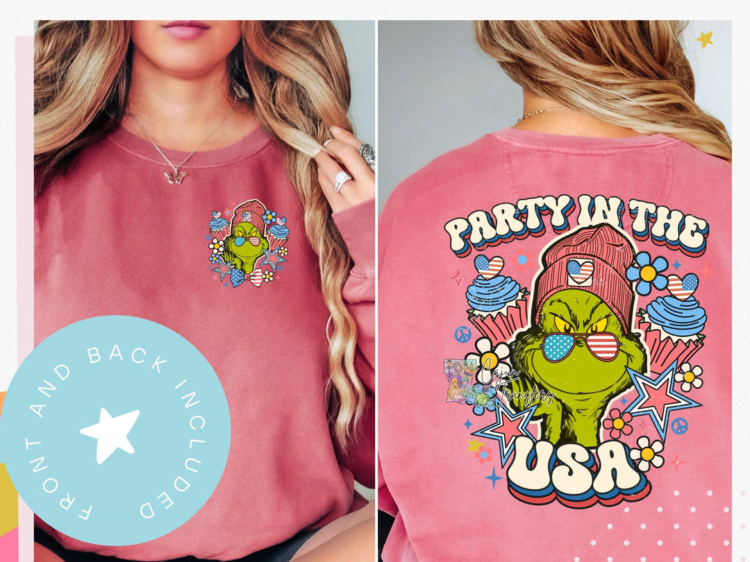 a woman wearing a pink shirt with the words party in the usa on it