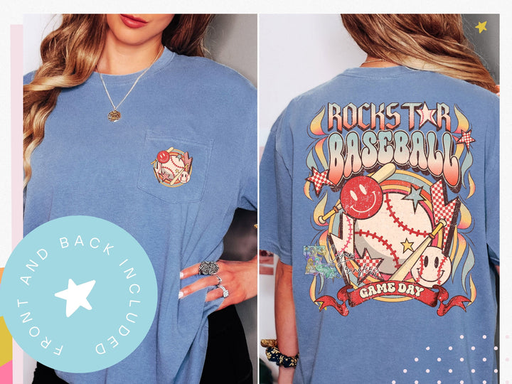 a woman wearing a rock star baseball t - shirt