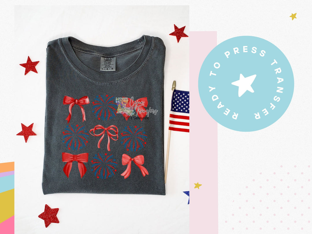 a gray shirt with red bows and a american flag