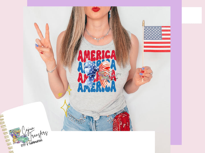 a woman with a peace sign and an american flag