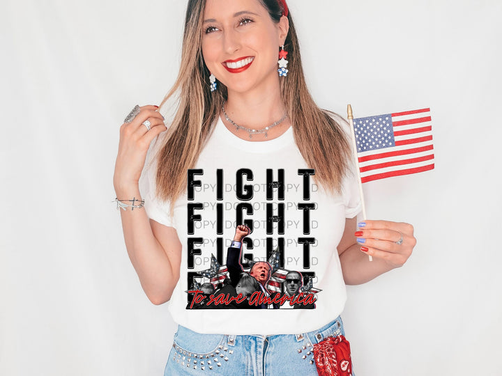 a woman holding an american flag and a t - shirt