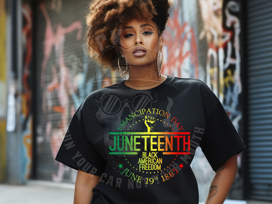 a woman wearing a black t - shirt with the words juneteeth on it