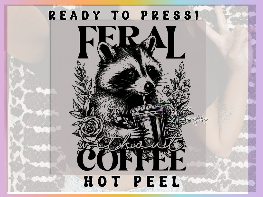 a raccoon holding a glass of coffee with the words, ready to press