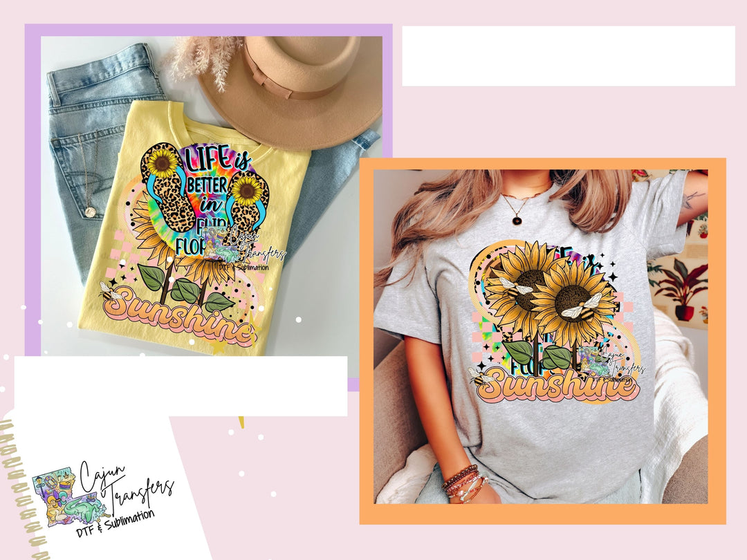 a collage of photos with a girl wearing a sunflower t - shirt