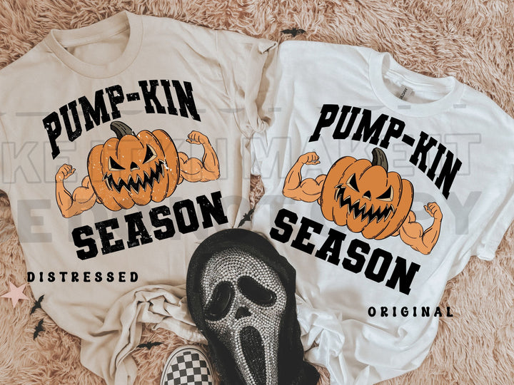 two shirts with pumpkins and a skeleton on them