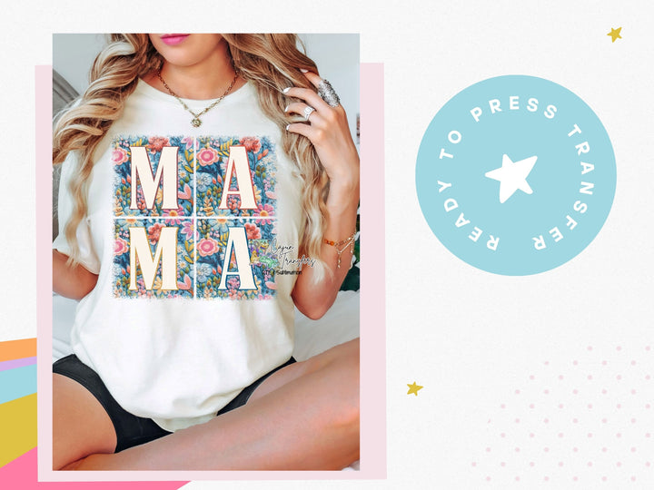 a woman wearing a t - shirt with the word ma ma on it