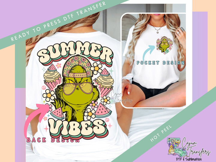 a woman wearing a t - shirt with the words summer vibes on it
