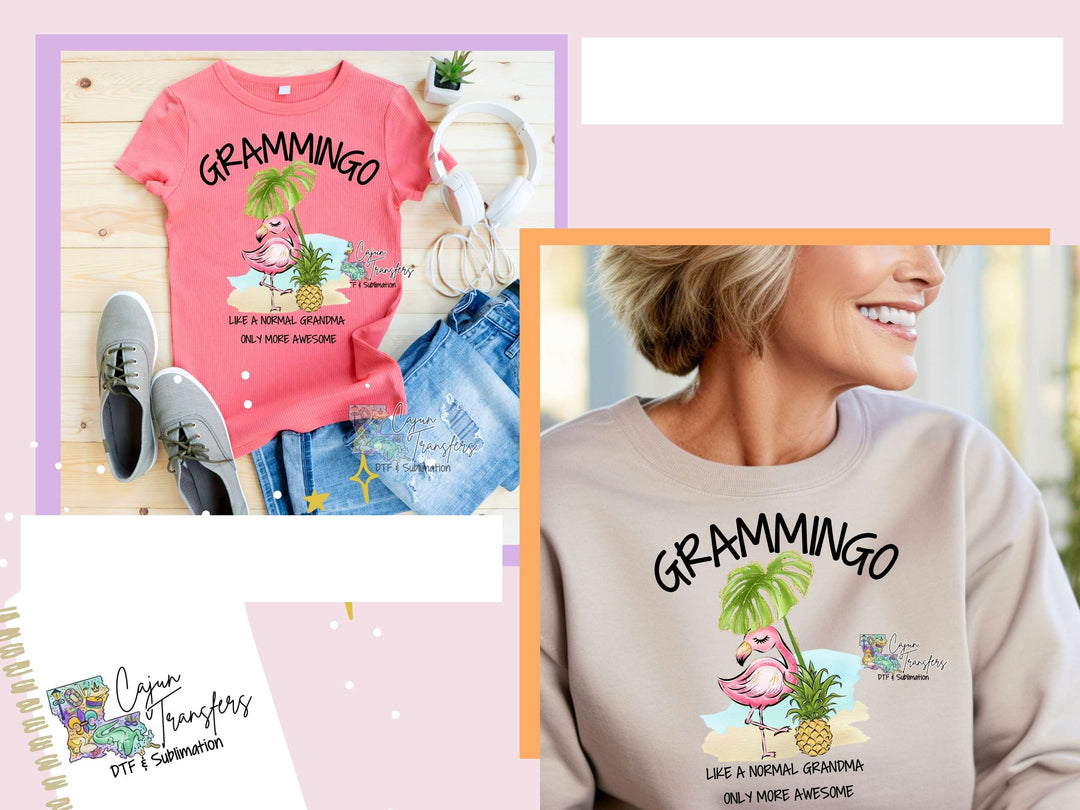 a woman wearing a pink shirt with a pink flamingo on it