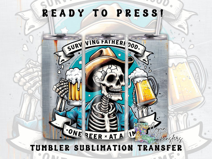 a skeleton in a cowboy hat holding two mugs of beer