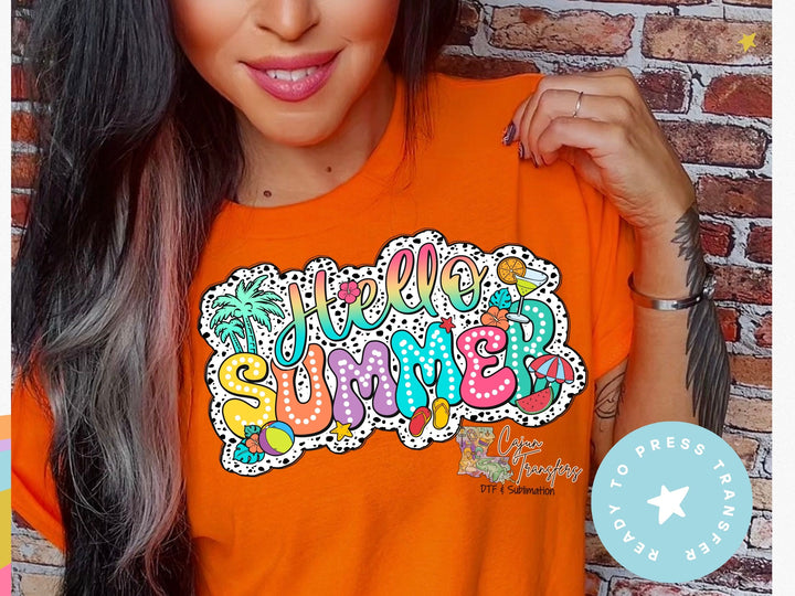 a woman wearing an orange shirt with the words summer on it