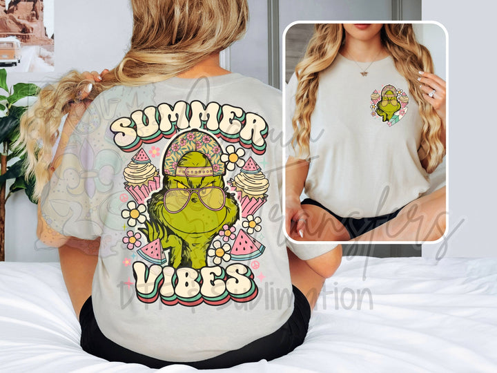 a woman sitting on a bed wearing a white shirt with the words summer vibes