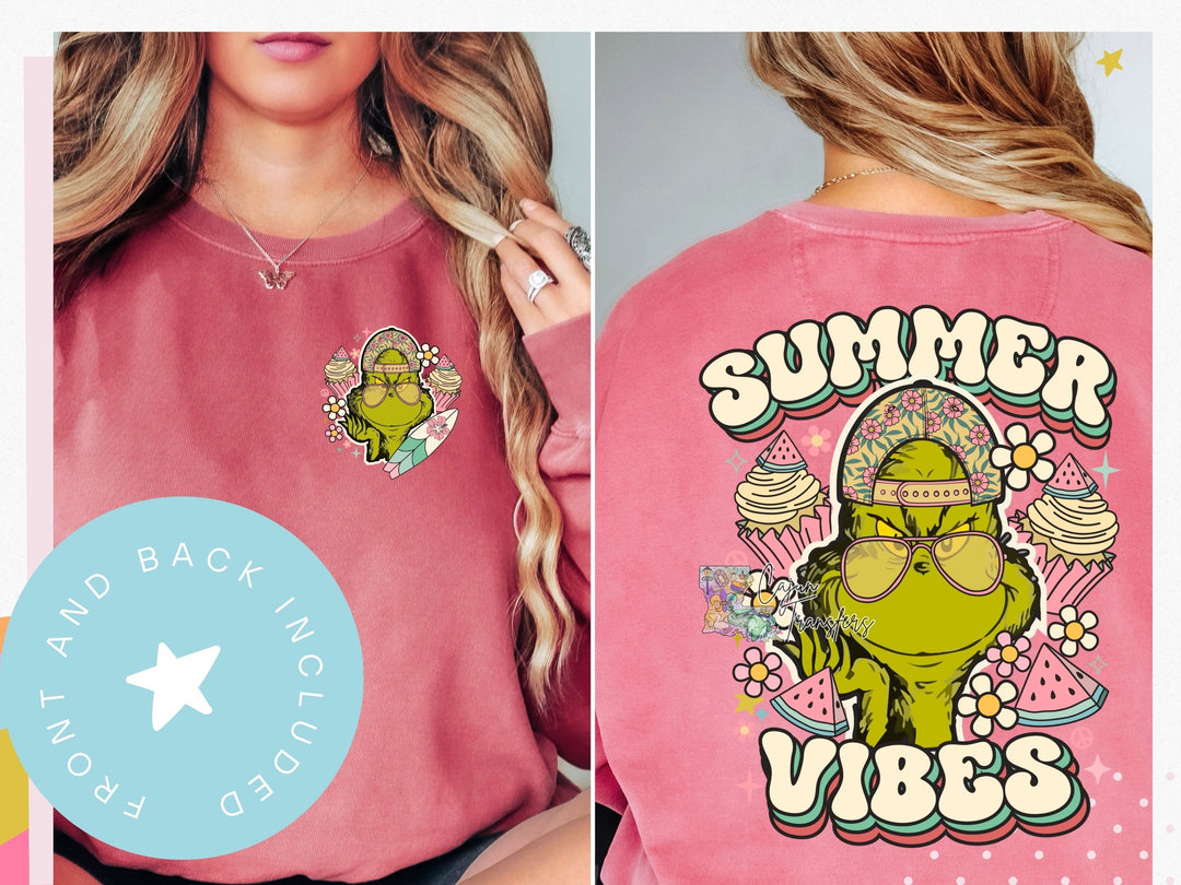 a woman wearing a pink shirt that says summer vibes
