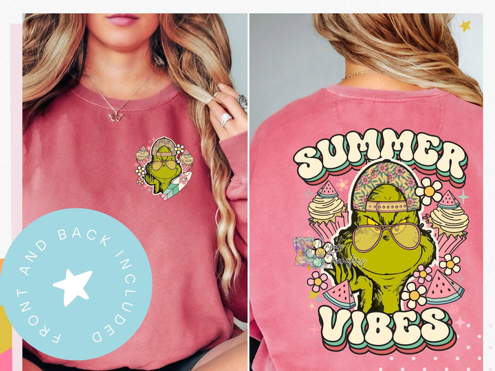 a woman wearing a pink shirt that says summer vibes