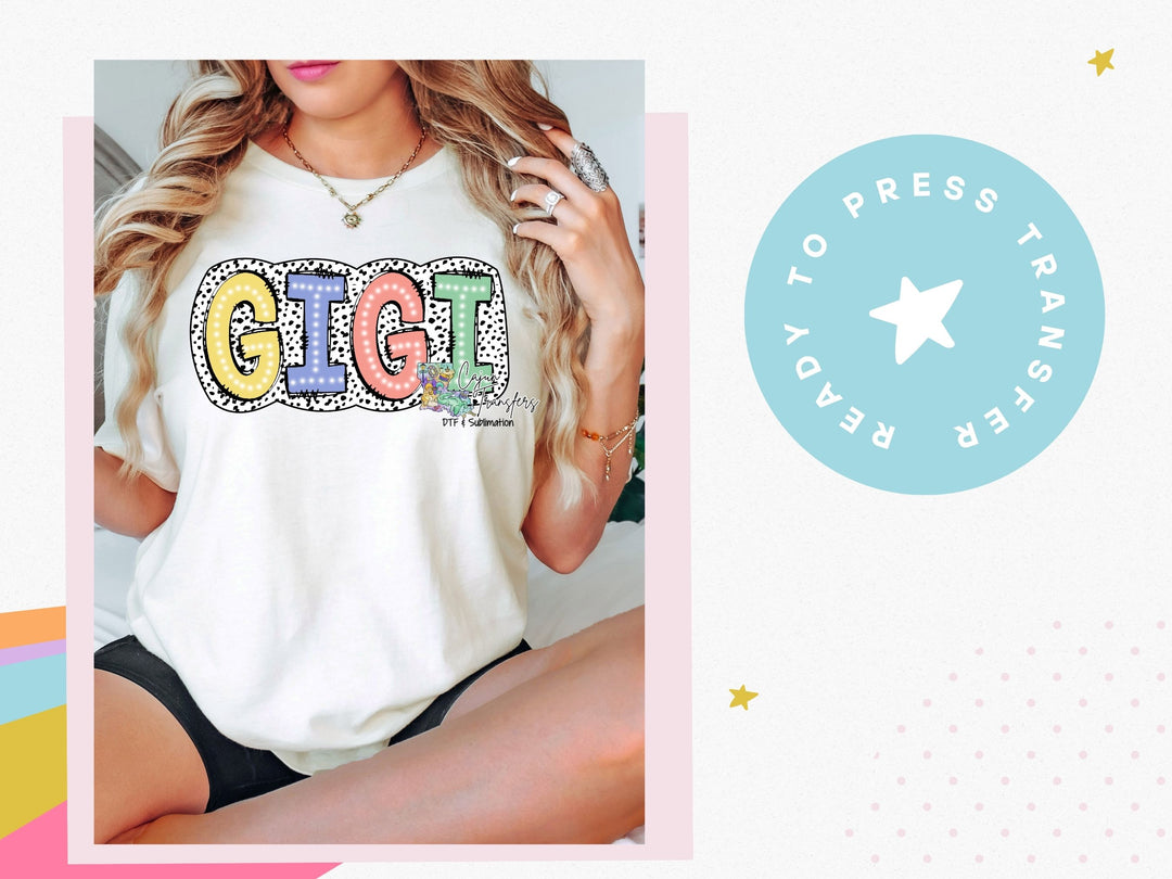 a woman wearing a white shirt with the word gigt printed on it