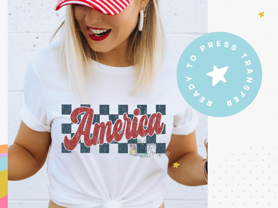 a woman wearing a red, white, and blue american t - shirt